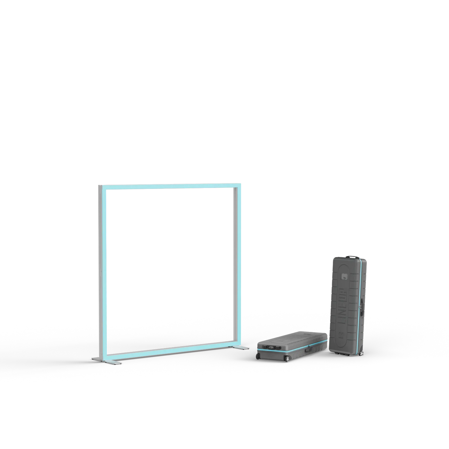 Aluminiumrahmen der LINE UP LED Messewand im Format 200 × 200 cm mit ABS-Transportkoffern ohne Stoffbanner.