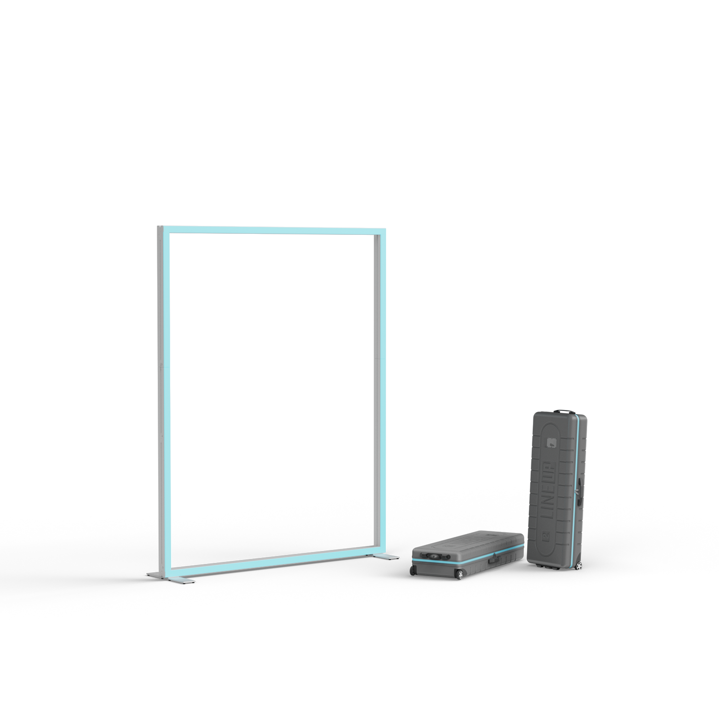 Aluminiumrahmen der LINE UP LED Messewand im Format 200 × 250 cm mit ABS-Transportkoffern.“