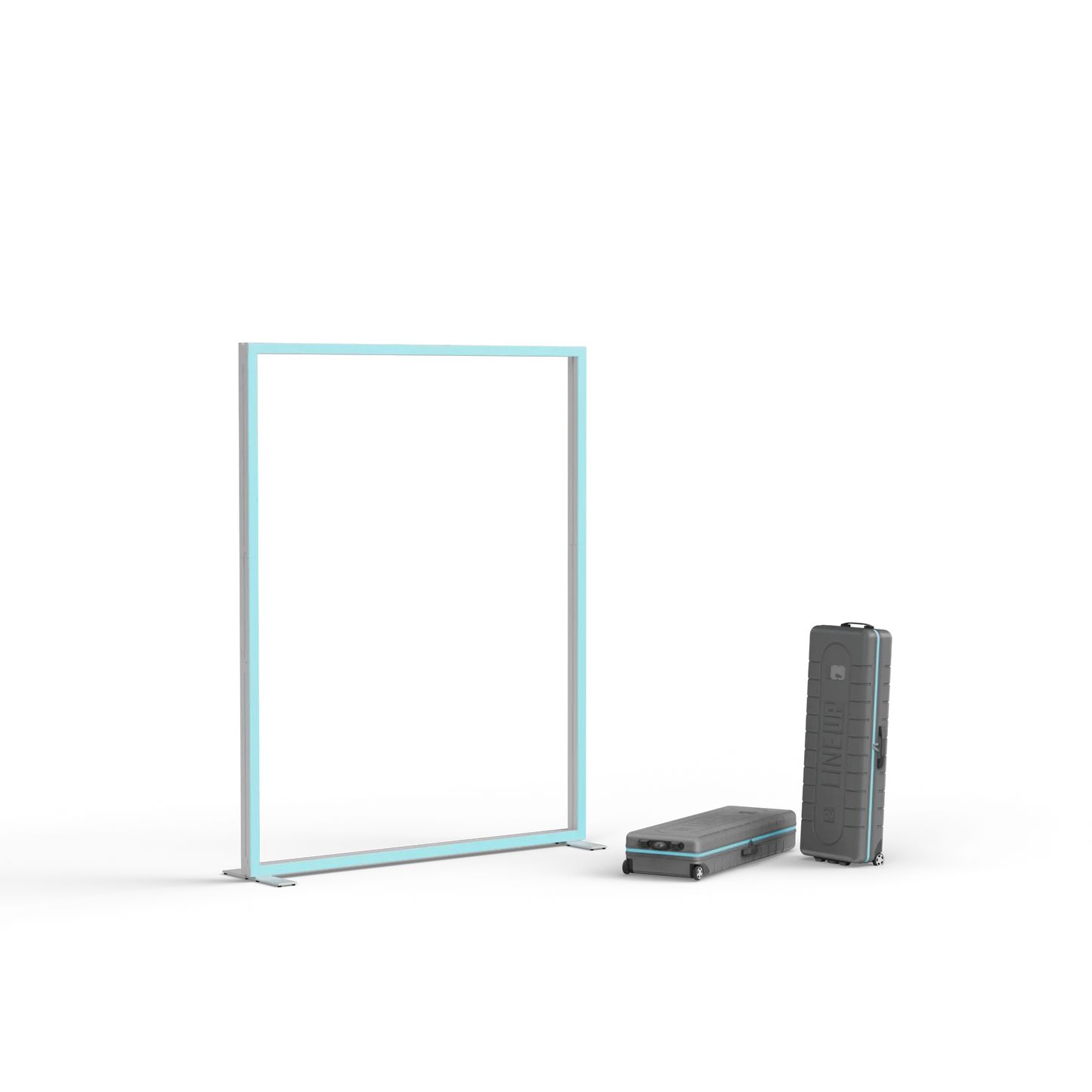 Aluminiumrahmen der LINE UP LED Messewand im Format 200 × 250 cm mit ABS-Transportkoffern ohne Stoffbanner.