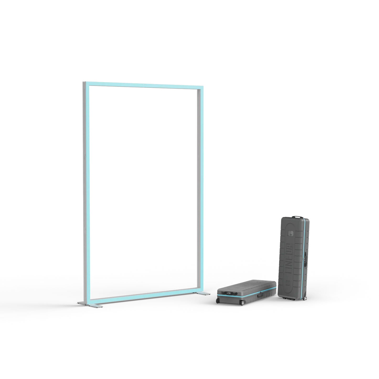 Aluminiumrahmen der LINE UP LED Messewand im Format 200 × 300 cm mit ABS-Transportkoffern ohne Stoffbanner.