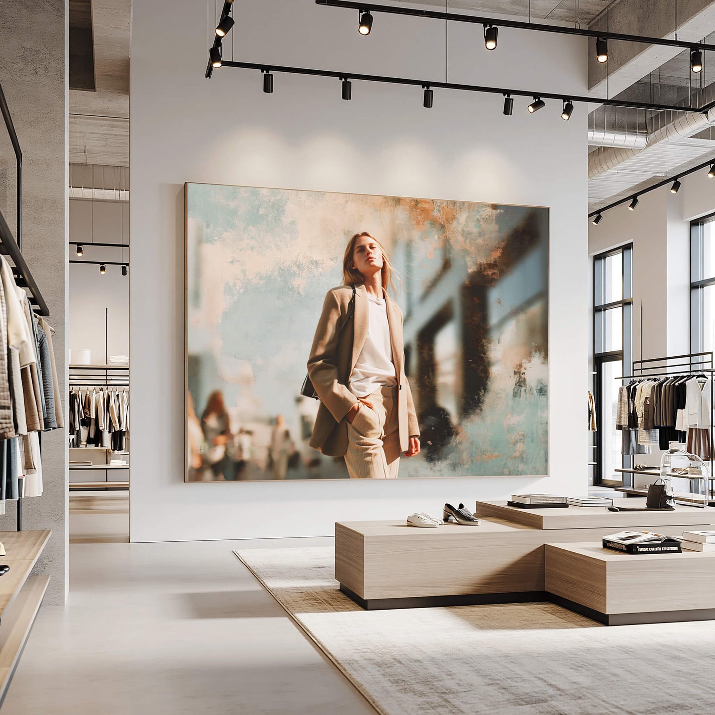 Großformatiger SILMEA Pro Schallabsorber mit Fashion-Motiv in einem modernen Retail-Store. Stilvolle Integration von Akustiklösung und Markeninszenierung für eine angenehme Einkaufsatmosphäre.