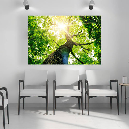 Akustikbild in einem Wartezimmer einer Praxis. Vermindern Sie den Hall und reduzieren Sie Lärm mit einem schönen Design. Naturbild mit Akustikvlies.