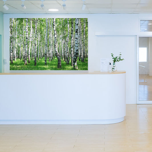 Akustikbild hinter einem Epmfangstresen in einer Praxis. Arztpraxis einrichtung mit akustikbildern. Minimieren sie den Hall in Ihrer Praxis