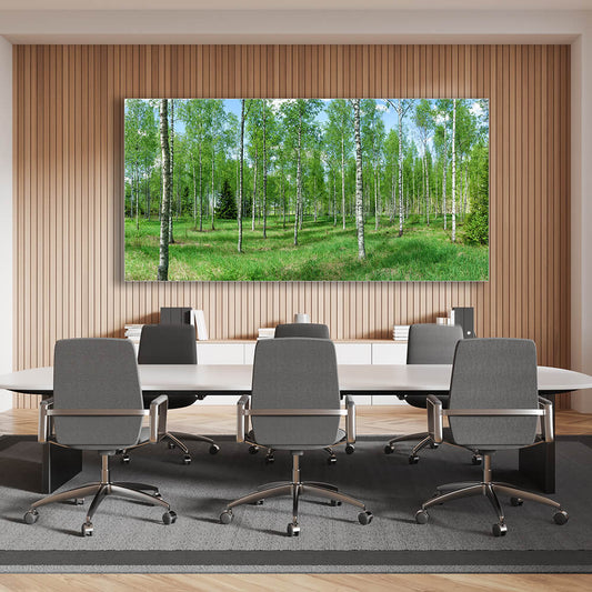 Akustikbild mit Birkenwald auf Textildruck. Direkt vom Akustikbild Hersteller kaufen und mit Schallabsorbern der Klasse A die Raumakustik verbessern.