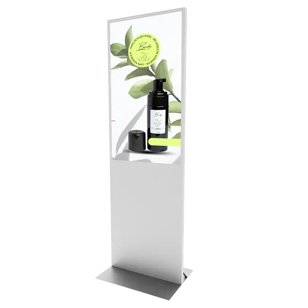 TV stele für Messestände in weiß. Digital Signage System mit autoplay