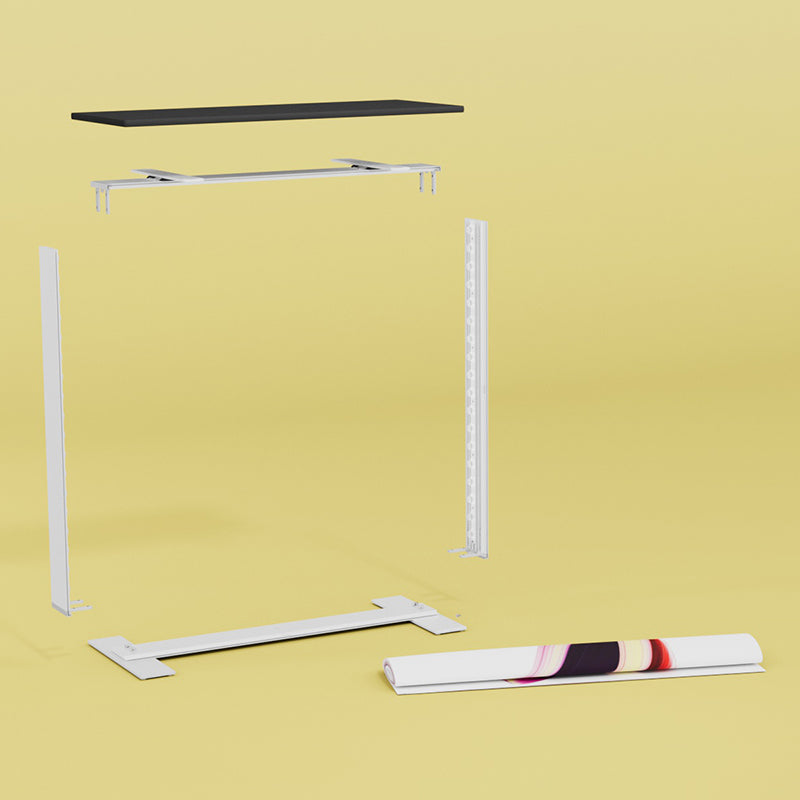 Explosionsdarstellung des LEDUP Counter Systems: Einzelteile wie Aluminiumrahmen, obere Ablagefläche und aufgerollter Textildruck sind auf gelbem Hintergrund dargestellt.