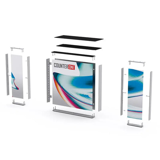 LEDUP Counter One – Aufbauübersicht der mobilen LED Messetheke mit Stoffbanner.
