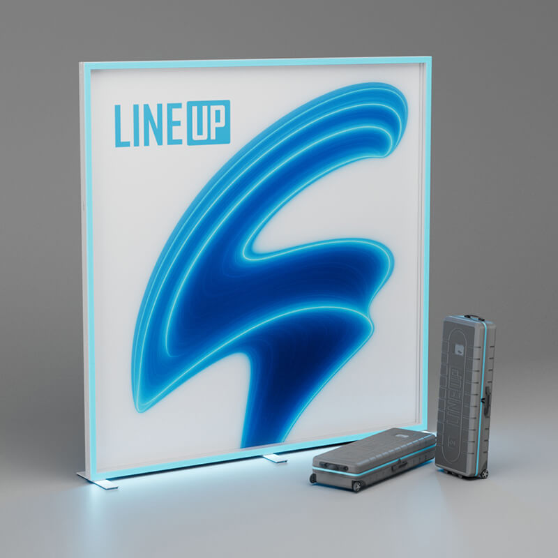 LINE UP LED Messewand mit leuchtendem Textildruck und ABS-Transportkoffern.