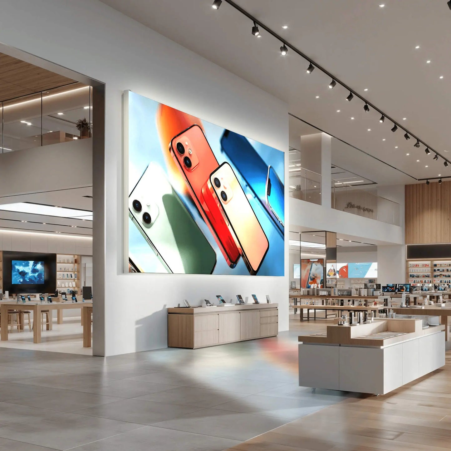 LUMMEA Core Lichtwand mit großflächigem Produktmotiv im modernen Elektronikgeschäft zur gezielten Markeninszenierung. Hochwertige Präsentationsfläche für Einzelhandel und Shopfitting