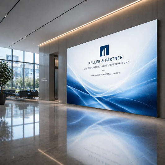Primex Lummea Pro 55 mm Lichtwand mit Flächenlicht und Markenbranding im modernen Eingangsbereich. Repräsentative Wandlösung für Empfangshallen und öffentliche Gebäude.