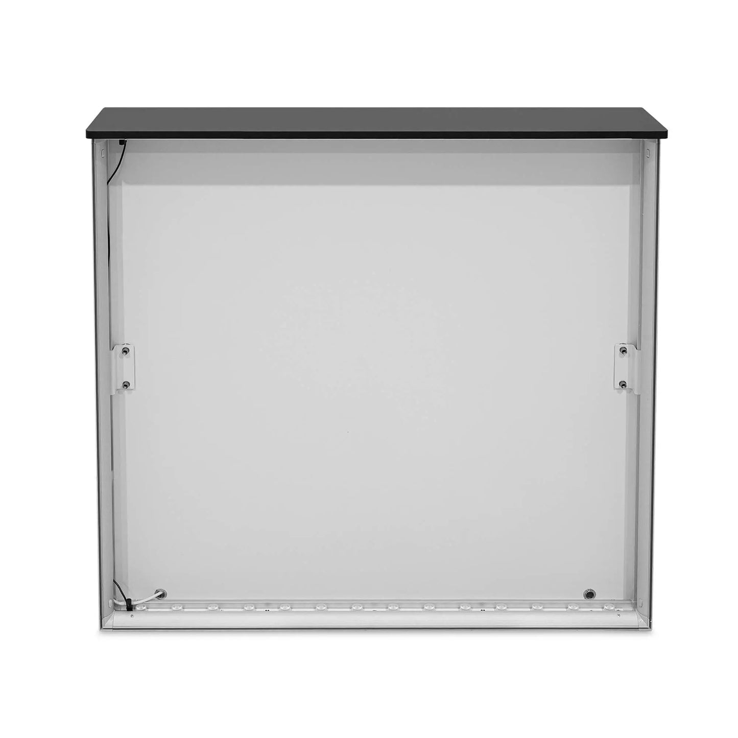 Frontalansicht der LED-Messetheke Lightbox Flex mit Regal