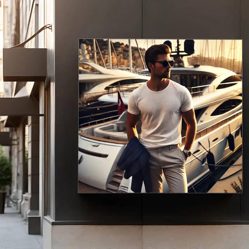 Outdoor-Rahmen mit Lifestyle-Motiv an einer Gebäudefassade. Hochwertige Präsentationslösung für Außenwerbung und visuelle Inszenierung.