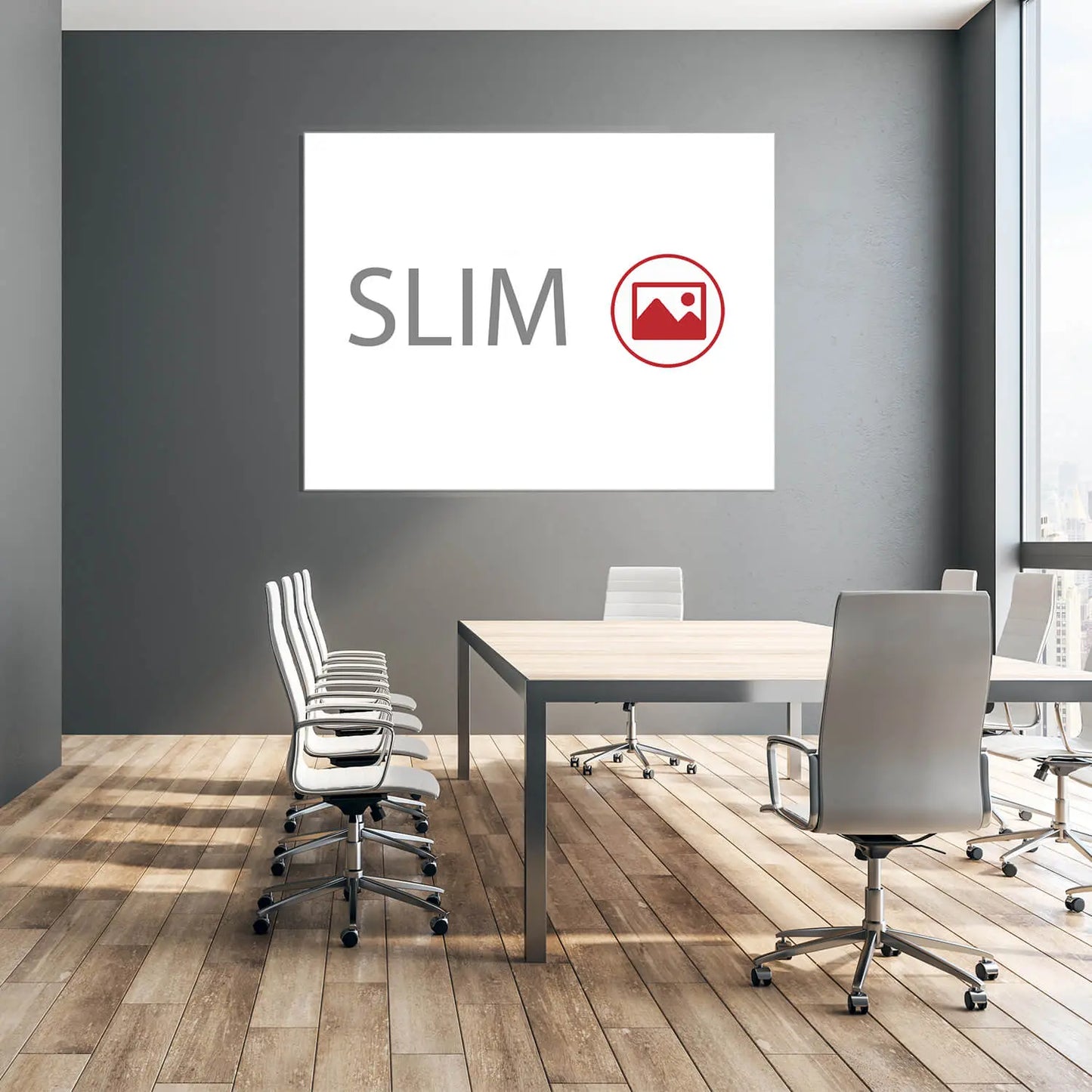 Akustikbild Slim mit individuellem Motiv in einem Meetingraum.