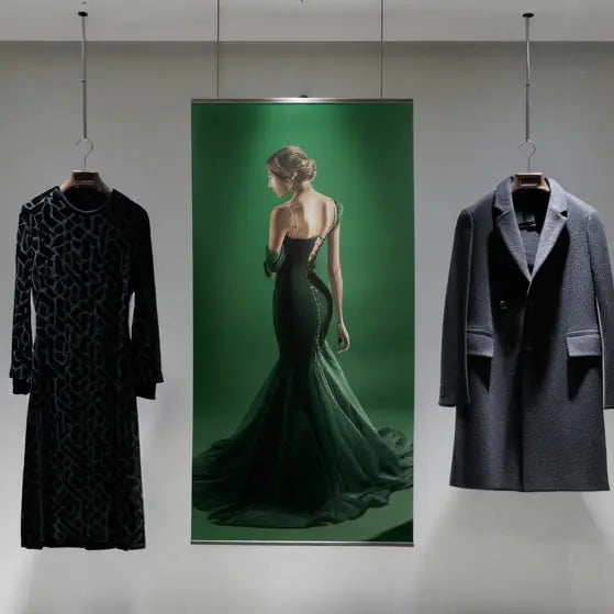 Deckenhänger Eco Grade mit Fashion-Motiv im Modegeschäft. Hochwertige Präsentationslösung für Einzelhandel