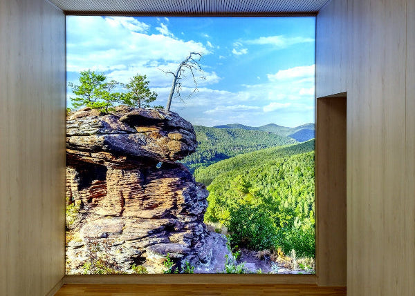 LED-Lichtwand in einer Lobby mit einem Felsen-Motiv, im Hintergrund grüne Berglandschaft.