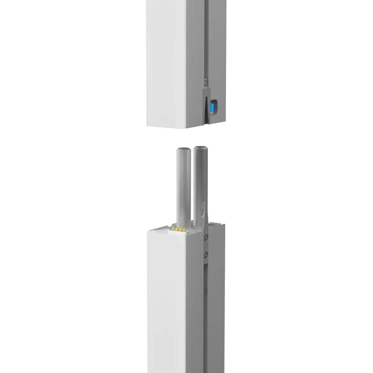 Detailansicht des Verbindungssystems der LINE UP LED Messewand mit integrierten Steckkontakten.