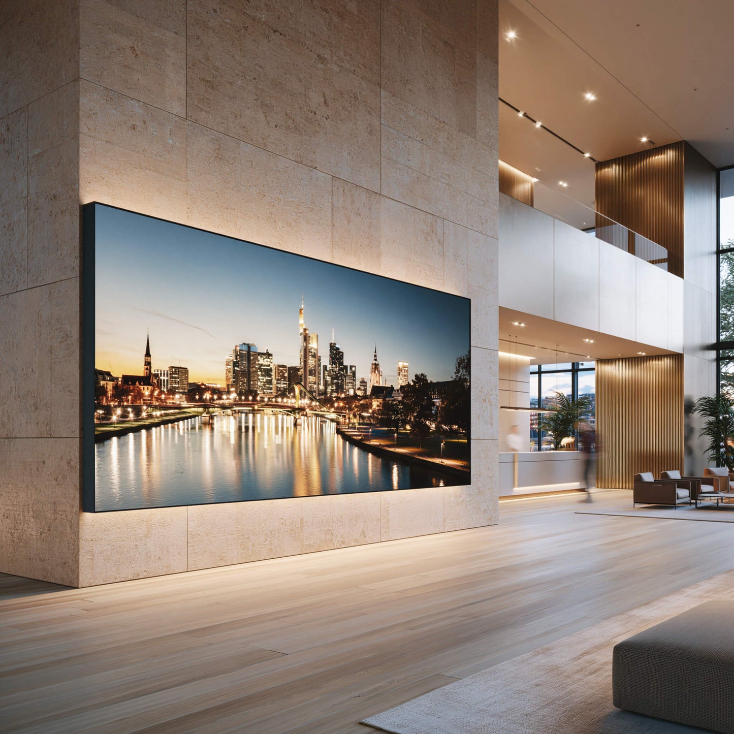Lummea Plus Leuchtrahmen mit Flächenlicht und Stadtmotiv im modernen Hotel Foyer zur hochwertigen Rauminszenierung. Elegante Wandgestaltung für Empfangsbereiche und Hotellobbys.