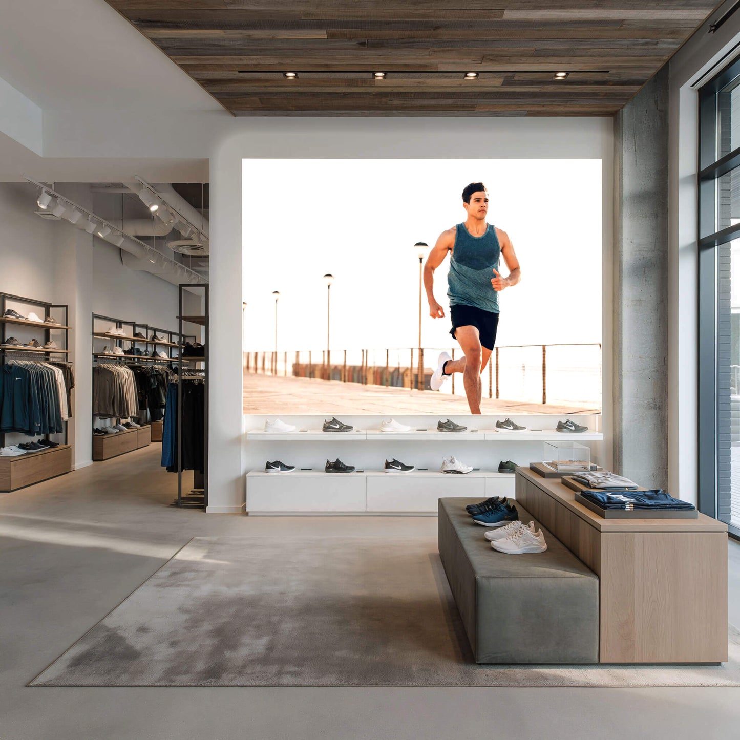 Lummea Plus Lichtwand mit sportlichem Laufmotiv im modernen Einzelhandel zur dynamischen Markeninszenierung. Hochwertige Präsentationsfläche für Shopfitting und Verkaufsräume