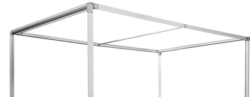 Abbildung einer Dachkonstruktion einer Messewand ohne Stoffbanner . Sichtbar ist das stabile Aluminiumrahmen-System, das die Konstruktion trägt.