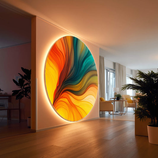 Runder LED-Spannrahmen mit einem weißen 55 mm Profil in einem stilvollen Wohnbereich