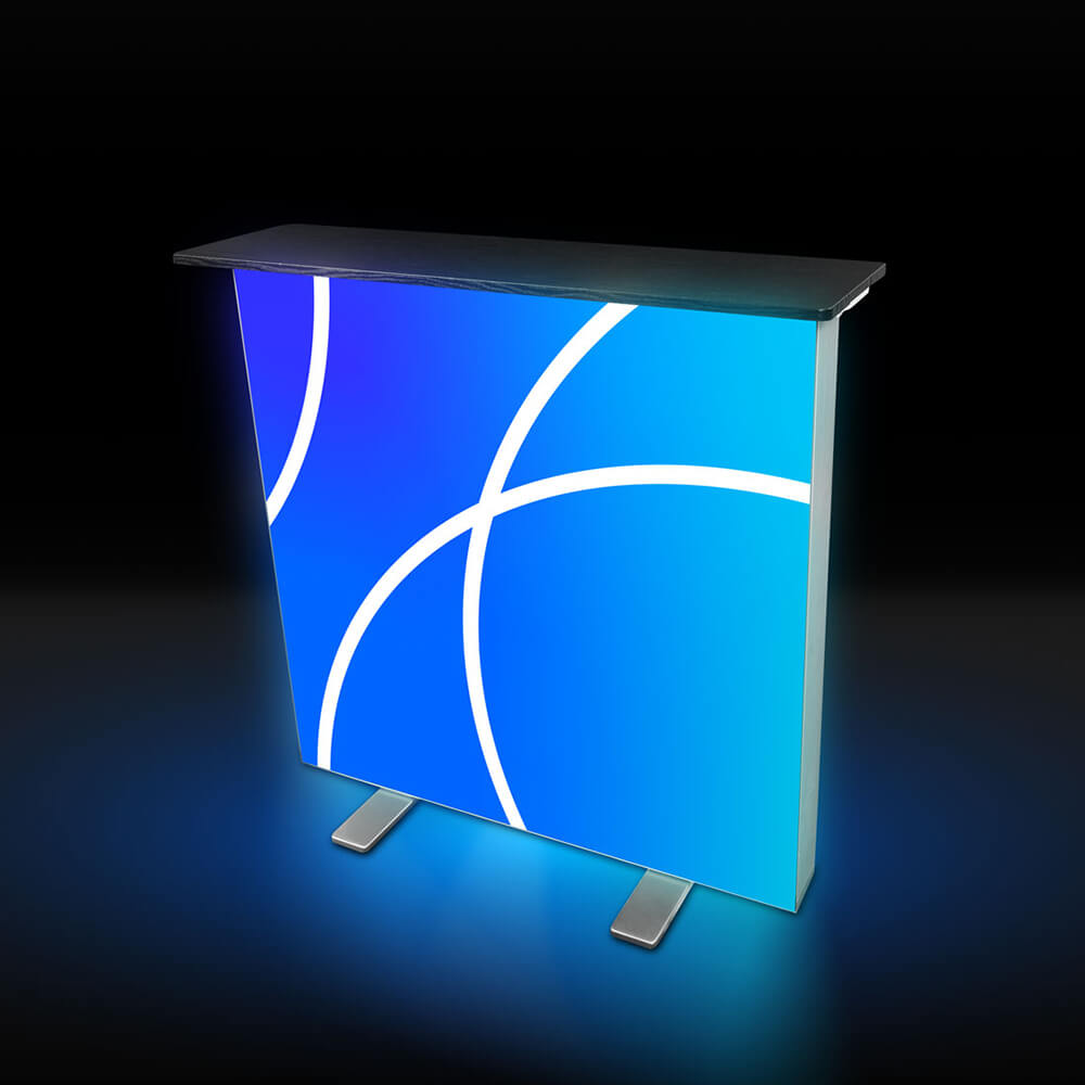 Beleuchteter Primex Lightbox FLEX 2go Counter LED Messetheke mit Textilbespannung in Blau, Aluminiumrahmen und schwarzer Tischplatte