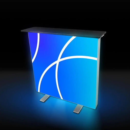 Beleuchteter Primex Lightbox FLEX 2go Counter LED Messetheke mit Stoffbespannung in Blau, Aluminiumrahmen und schwarzer Tischplatte