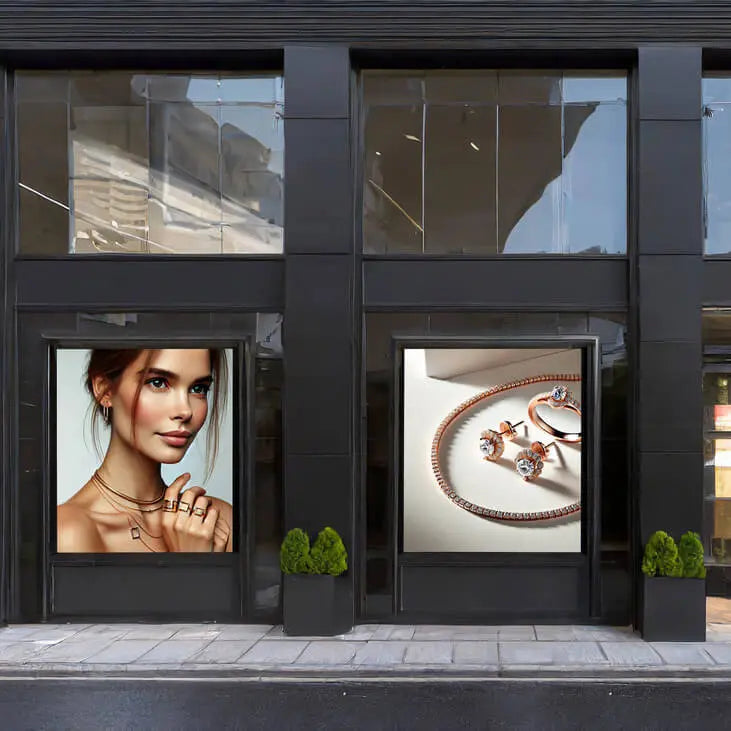Outdoor-Rahmen mit hinterlegten Schmuckgrafiken im Schaufenster eines Retail-Stores. Wetterfeste Lösung für Markeninszenierung, Fassadenwerbung und hochwertige Produktpräsentation.