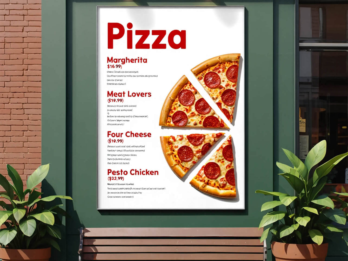 Außenwerberahmen Outdoor Rahmen PR32 an einer Backsteinwand mit Pizzaposter, das verschiedene Sorten und Preise zeigt; dekoriert mit Pflanzen auf beiden Seiten.