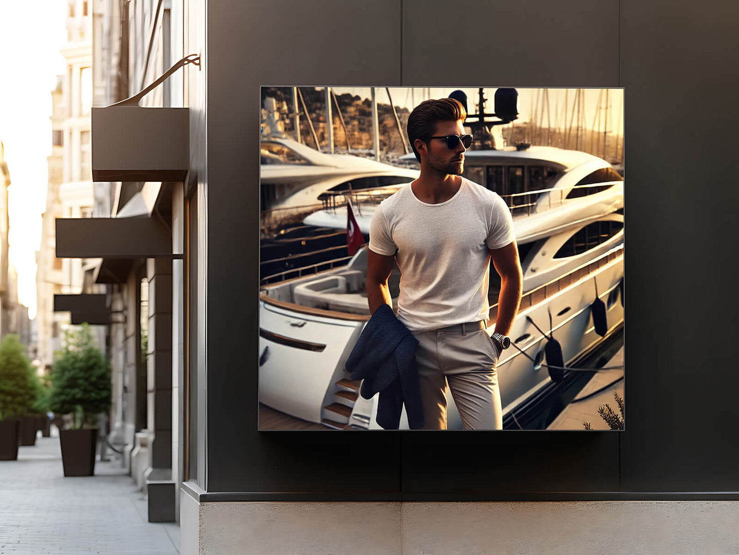 Großformatiges Outdoorwerbung in einem PR80 Outdoorrahmen an einer Gebäudefassade, zeigt ein Modefoto mit einem Mann vor einer luxuriösen Yacht im Sonnenuntergang.
