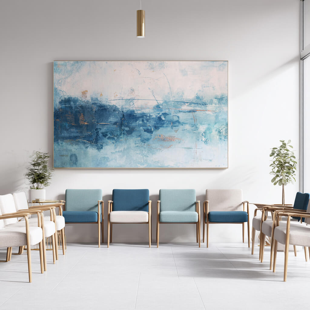 SILMEA Pro Schallabsorber als großformatiges Akustikbild in einem modernen Wartebereich. Dezente Gestaltung kombiniert mit hoher Schallabsorption für eine ruhige und angenehme Raumakustik.