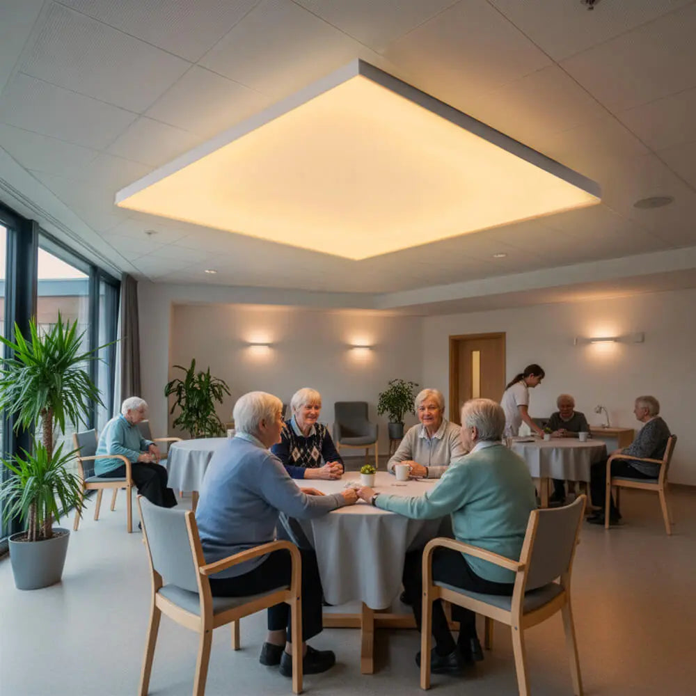 Gemeinschaftsraum in einem Seniorenheim mit runden Tischen, mehreren älteren Menschen im Gespräch und einer großen quadratischen LED-Lichtdecke mit warmem Tunable-White-Licht.
