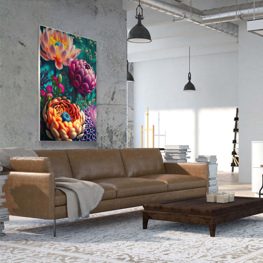 Rechteckiges Akustikbild einer Makroaufnahme bunter Gänseblümchen, über einem braunen Ledersofa