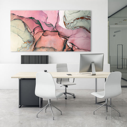 Rechteckiges Akustikbild in pastelligen Wasserfarben in Marmoroptik, in einem Büro