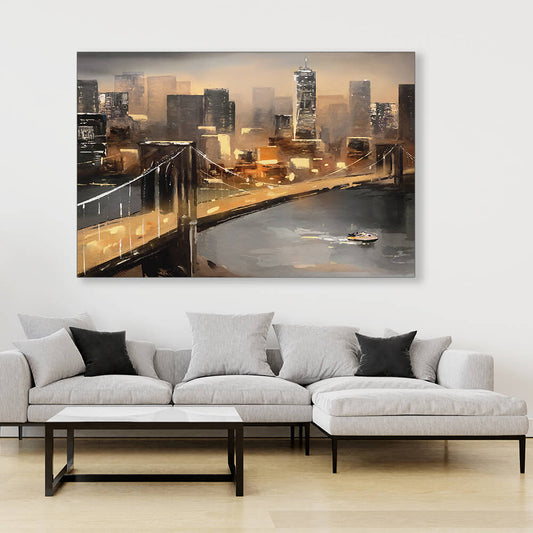 Rechteckiges Akustikbild eines Gemäldes der New Yorker Skyline in Goldtönen über einem Sofa