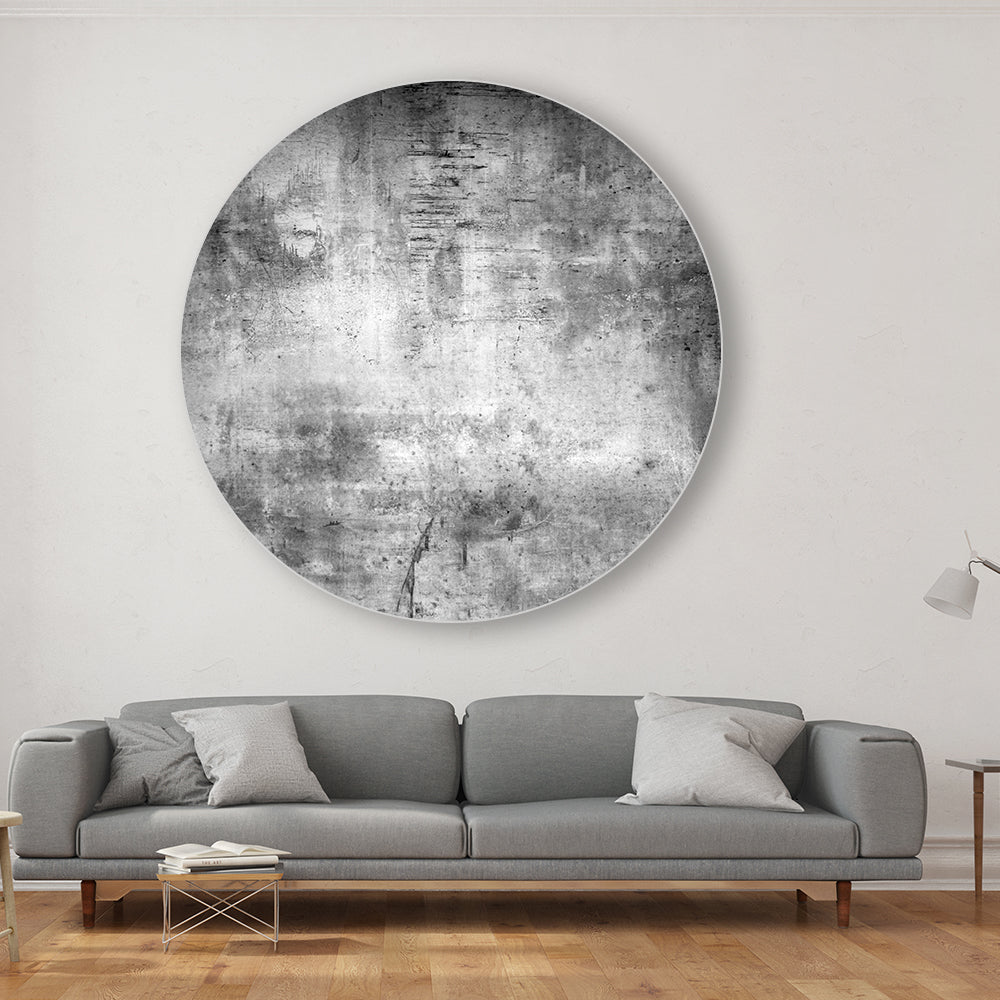 Graues rundes Akustikbild mit Beton Look Hängend im Wohnzimmer über dem Sofa