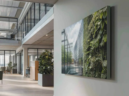 Akustikbild mit Naturmotiv und begrünter Fassade in einem modernen Büro. Das schallabsorbierende Wandbild verbessert die Raumakustik und sorgt für eine angenehme Arbeitsatmosphäre.