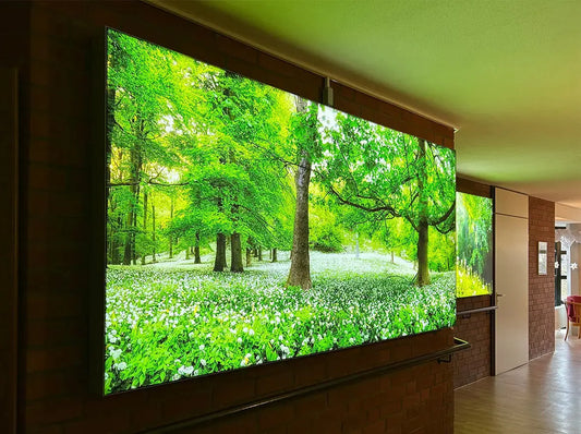 LED-Leuchtrahmen mit Waldmotiv auf dem Gang eines Seniorenheims.