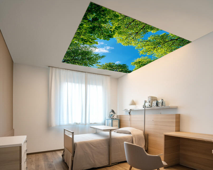 Über dem Bett in einem Seniorenzimmer hängt die Primex Lichtdecke 55 mm mit Flächenlicht und eröffnet durch ein Baumwipfelmotiv einen Blick in den Himmel