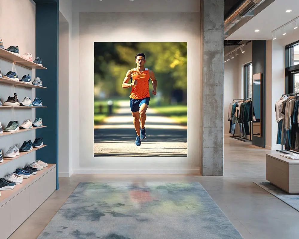 Lichtwand 100 mm mit Kanteneinstrahlung sorgt für eine gelungene Markenpräsenz in einem Sportgeschäft
