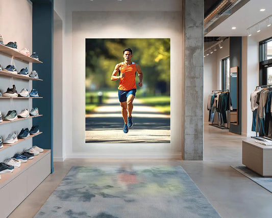 Lichtwand 100 mm mit Kanteneinstrahlung sorgt für eine gelungene Markenpräsenz in einem Sportgeschäft