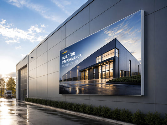 Großformatiger Primex Outdoor Rahmen PR80 mit glatt gespannter Werbeplane an der Fassade einer modernen Industriehalle.