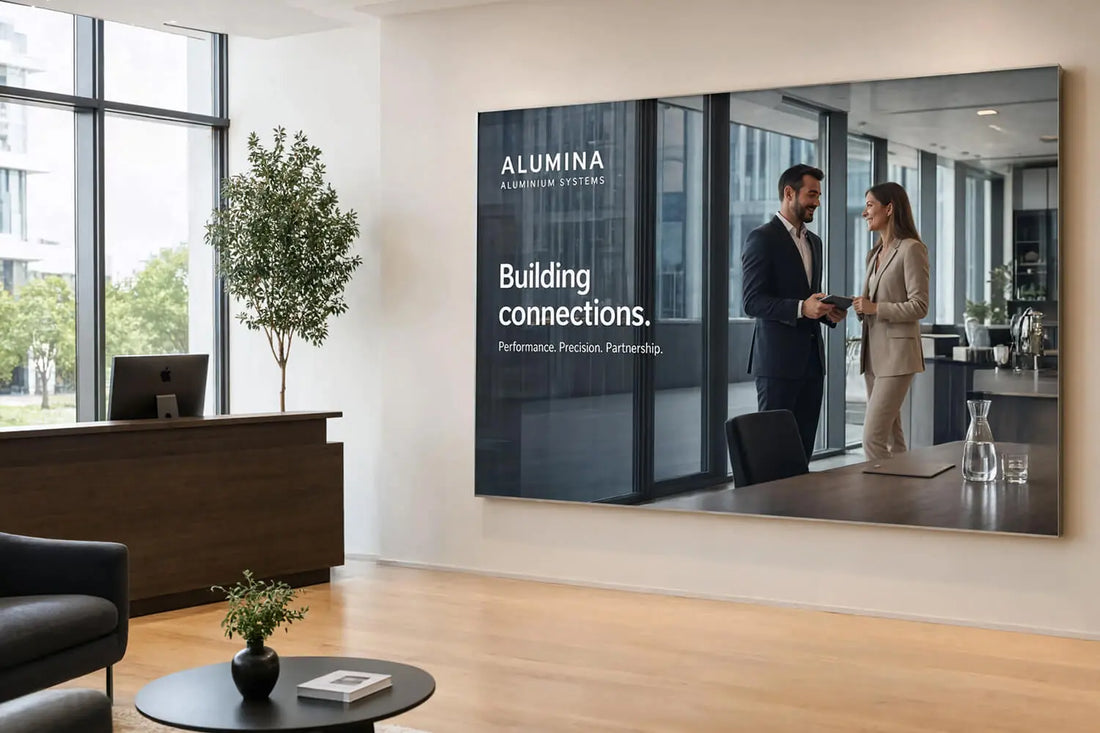 Großformatiger Textilspannrahmen mit Markenmotiv in einem modernen Showroom