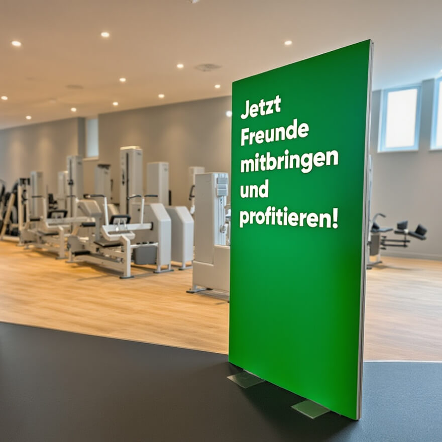 Grüne Akustik-Trennwand bewirbt in einem Gym eine Rabattaktion
