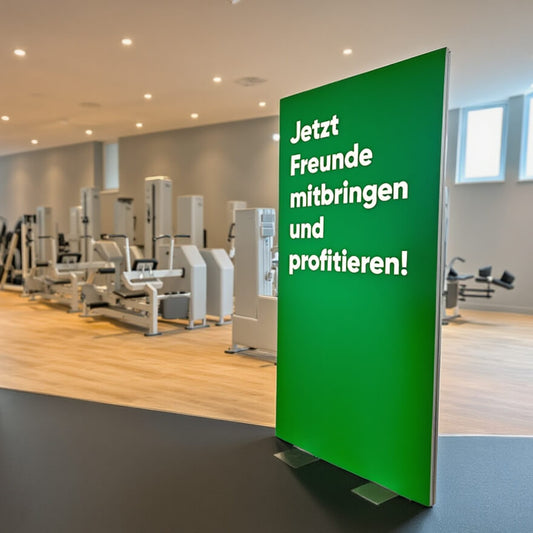 Grüne Akustik-Trennwand bewirbt in einem Gym eine Rabattaktion