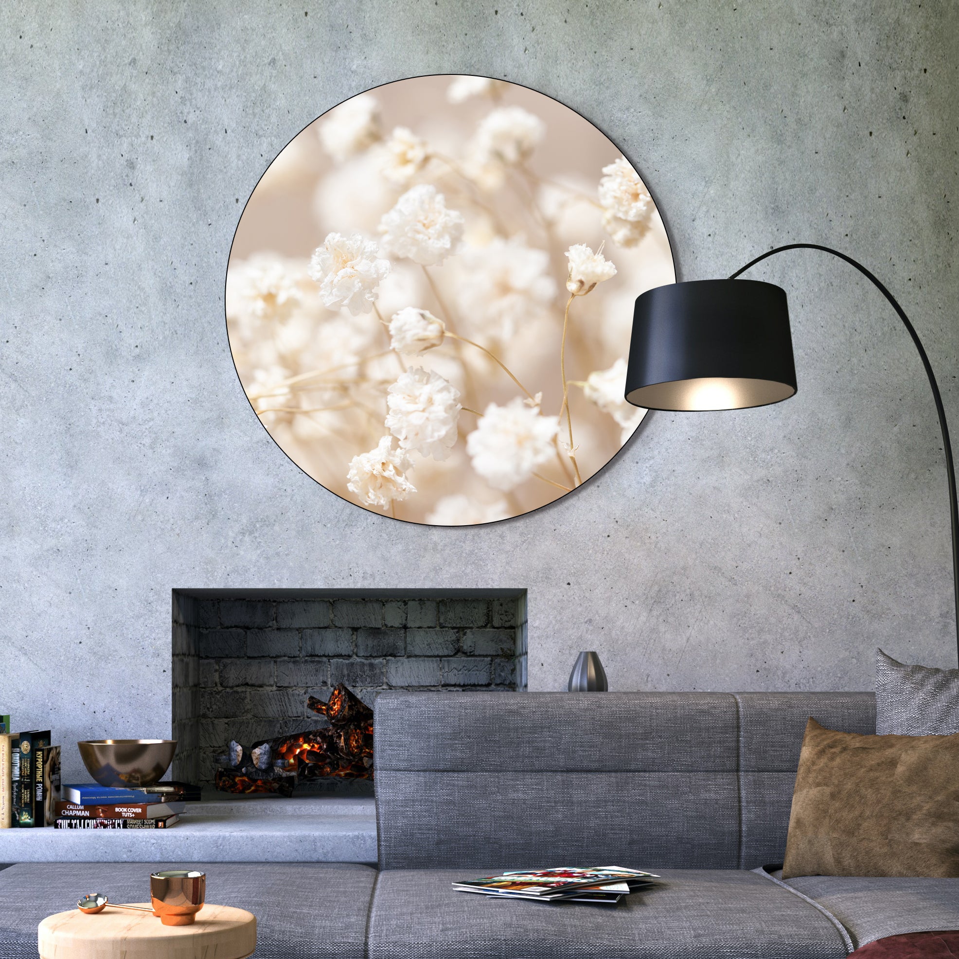 Rundes Akustikbild im Home-&-Living-Bereich mit einem beigen Gypsophila-Motiv.