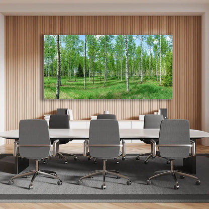 Akustikbild mit Birkenwald auf Textildruck. Direkt vom Akustikbild Hersteller kaufen und mit Schallabsorbern der Klasse A die Raumakustik verbessern.
