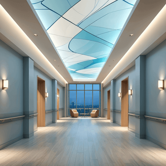 Flur mit LED-Lichtdecke in abstrakten Weiß- und Hellblautönen.