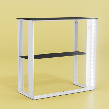LEDUP Counter ONE Messetheke ohne Textildruck, mit Aluminiumrahmen und integrierter LED-Beleuchtung.