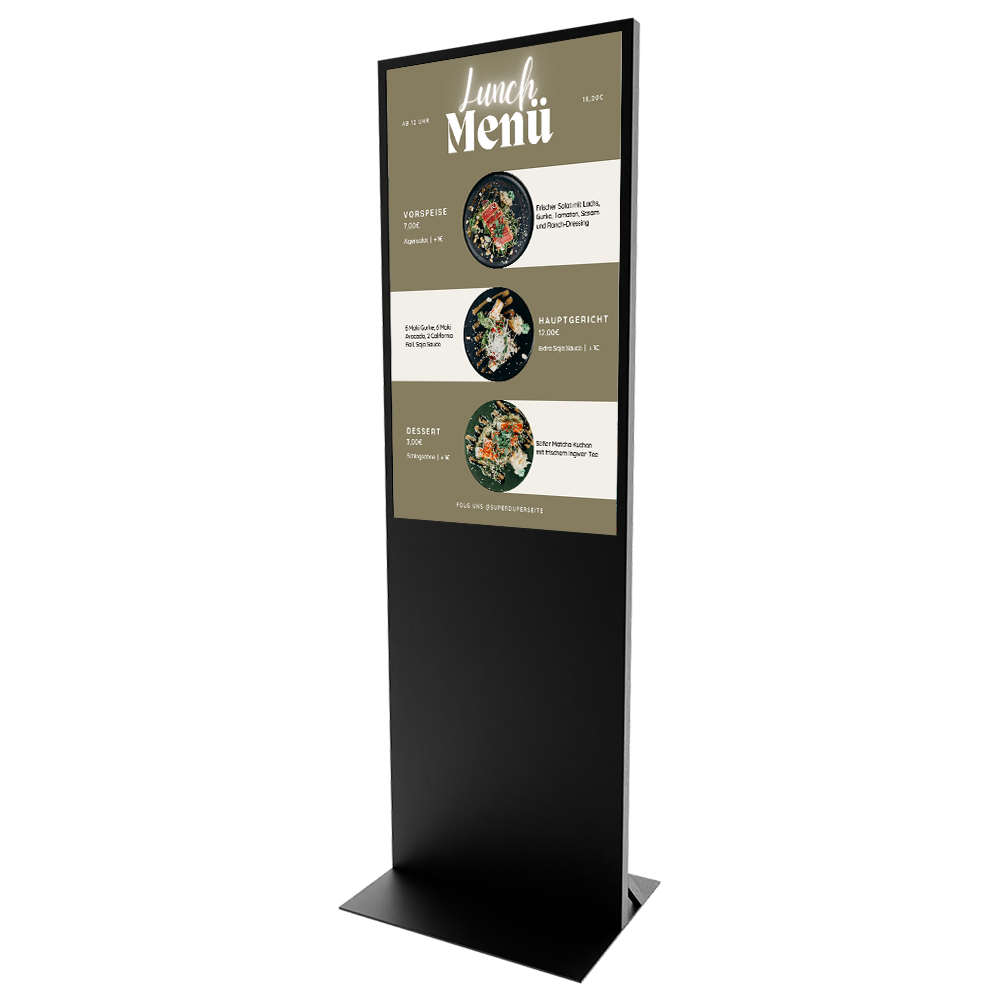 TV stele für Messestände in schwarz. Digital Signage System mit autoplay
