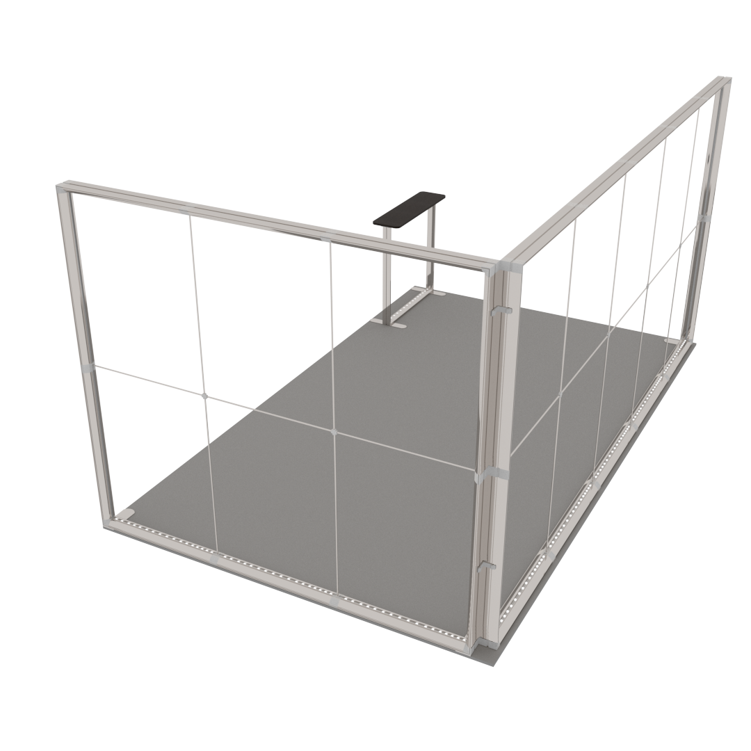 Darstellung eines Messe-Eckstands mit sichtbaren Profilrahmen ohne Textildruck.